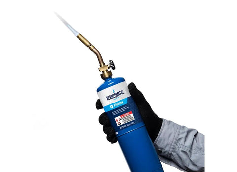 Pencil Flame Propane Torch Head For Precise Soldering, Thawing And Small Heat Jobs in use, attached to blue propane cylinder