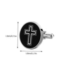 Premium Titanium Steel Cross Cufflinks For Men Set Durable And Polished Decorative Shirt Fasteners Ideal For Formal Or Casual Wear Classic Fashion Accessory 1 Pair featuring a round black polished design with white cross motif and size dimensions 1.8cm/0.71in shown.