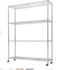 Beefy Metal Storage Rack With Rubber Caster Wheels Four Layer Adjustable Shelving System For Garage Workshop Utility Setup And Home Organization Silver Gray Color, showing four tier steel shelves and caster wheels.