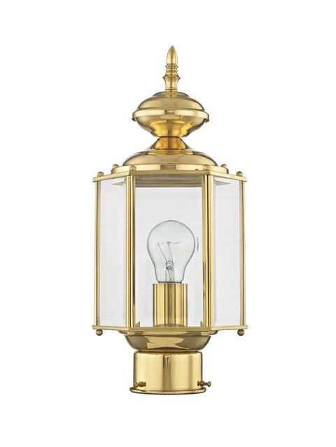 Outdoor Post Lantern 2117-02 With Clear Beveled Glass Shades In Polished Brass Old School Traditional Solid Brass Exterior Fixture