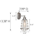 Vintage Inspired Schoolhouse Two Light Dimmable Vanity Fixture in Matte Black with dimensions and metal cage design