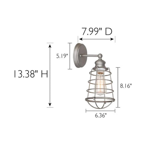 Vintage Inspired Schoolhouse Two Light Dimmable Vanity Fixture in Matte Black with dimensions and metal cage design