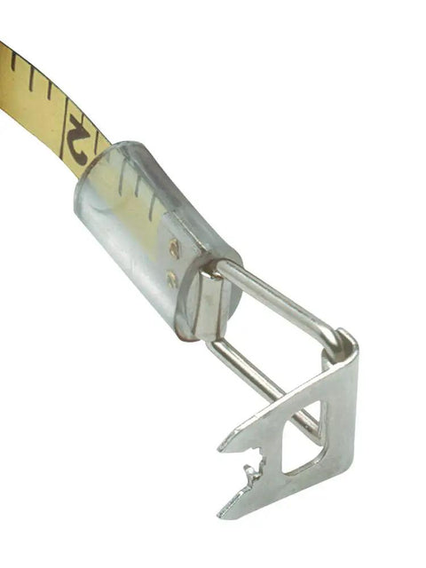 Close-up of Auto Rewind Tape Measure 3/8 Inch By 50 Feet With Nylon Coated Blade Double Sided Markings For Fractions 8ths And 16ths Built Like A Workhorse