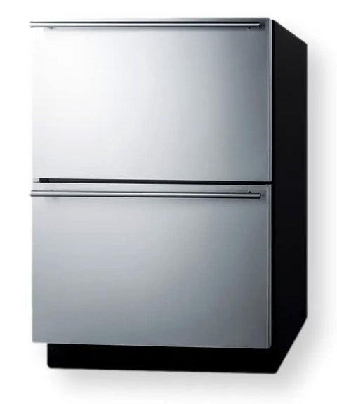 Tough As Nails 24 Inch Dual Drawer Outdoor Freezer With Sleek Stainless Steel Construction, front view, two stainless steel drawers.
