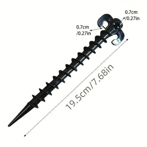 Heavy Duty Plastic Tent Stakes 20cm 4 Pack Windproof Camping Beach Anchors Screw Design with measurements.
