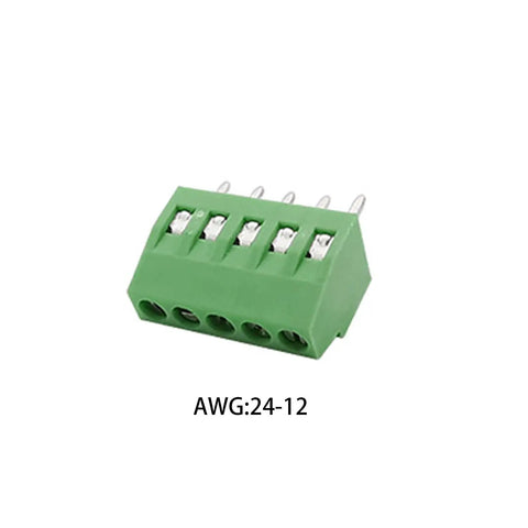 Green 5 Pin PCB screw terminal block for 18 to 26 AWG wire connections, supporting plug and play projects.