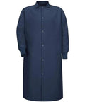Heavy Duty Polyester Butcher Coat With Gripper Front And Ribbed Knit Cuffs Pocketless Navy Work Jacket For Food Industry Crews Built Like A Tank For Serious Kitchen Pros In 5xl displayed front view.