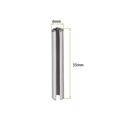 Slotted stainless steel spring pin, 6mm x 35mm, front view