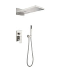 Shower System with Waterfall Rainfall Head, Handheld, Wall-Mounted Faucet in brushed nickel, showcasing a sleek design.
