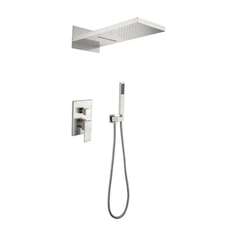Shower System with Waterfall Rainfall Head, Handheld, Wall-Mounted Faucet in brushed nickel, showcasing a sleek design.