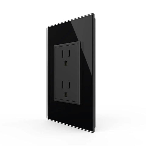 Single black tempered glass duplex electrical outlet 15A 110 to 220 Volts with grounding protection and dirt proof panel