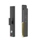 Slick Waterproof Smart Door Lock With True 3D Anti Spoof Fingerprint, Remote Video Intercom And Mobile App Unlock, Zero Fuss Security, 161 Degree Wide Angle, Easy Family Entry, 24 7 Monitoring view showing sleek black design with keypad and golden trim.