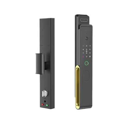 Slick Waterproof Smart Door Lock With True 3D Anti Spoof Fingerprint, Remote Video Intercom And Mobile App Unlock, Zero Fuss Security, 161 Degree Wide Angle, Easy Family Entry, 24 7 Monitoring view showing sleek black design with keypad and golden trim.