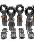 Bulletproof 4 Link Rod End Kit With 3/4 16 Threads Four Right And Left Ends 4130 Chromoly Bodies Teflon Kevlar Races close up of rod ends and bungs.