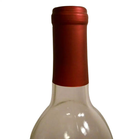 Premium Heat Shrink Wine Bottling Caps 100 Pack Matte Oriental Red covering a wine bottle neck with a satin finish.
