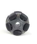 58mm plastic omni wheel hub with six black rollers and central bore for NXT kit servo motor