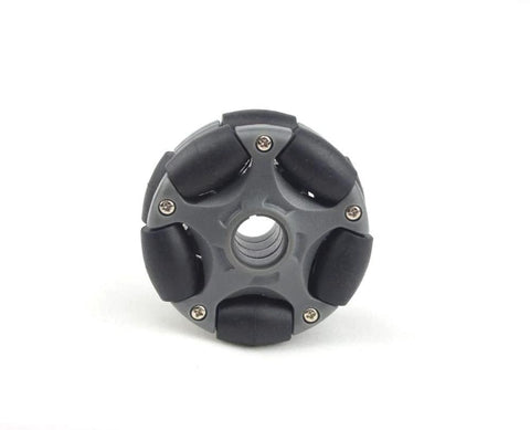 58mm plastic omni wheel hub with six black rollers and central bore for NXT kit servo motor