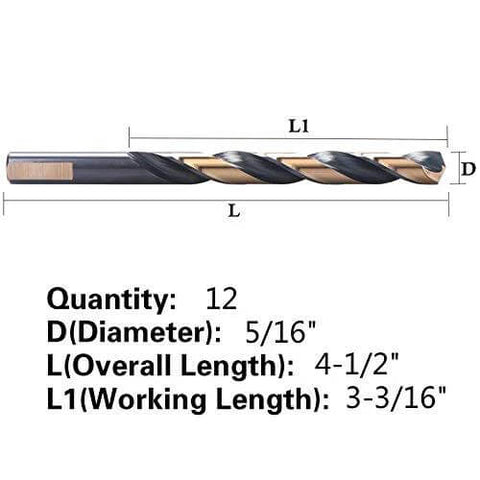 Twist drill bit, 5/16 in diameter, black and gold coating, 12-pack, side view
