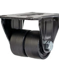 Heavy Duty Swivel Caster Wheels Built Like A Tank With Twin Wear Plates For Quick Bolt On Hookup Smooth Silent Glide And Solid 450kg Load Rating Per Wheel close-up of a black rubber swivel caster with mount plate.
