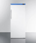 Commercial Upright Freezer 18 Cu Ft Left Handed Door Swing White Shell front view with solid door and blue top, heavy duty build.