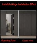 Heavy Duty Silent Pivot Hinge With Soft Close Concealed Hardware For Wood And Folding Doors In Silver installation effect shown with door open and closed views.