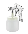Killer Finish Pneumatic Paint Spray Gun Using Dual Plastic Cans With A Hella Reliable One Point Five Mm Nozzle For Top Shelf Furniture Detailing And Thick Paint Jobs Around The Shop - side view of spray gun with dual plastic can.