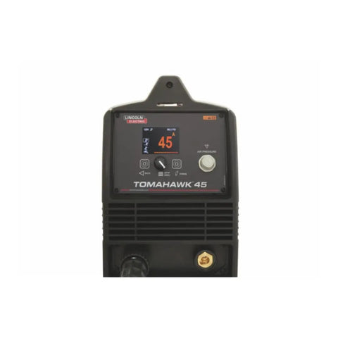 Front view of Lincoln Tomahawk 45 Handheld Plasma Cutter with 2.8 Inch LCD Screen showing 45A output and controls.