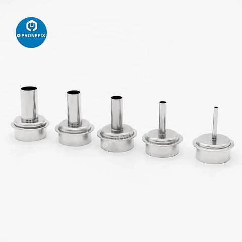 Stainless steel 9 Piece Hot Air Gun Nozzle Set For PCB Soldering And Rework Stations with 2 to 10mm tips for precise electronics repair.