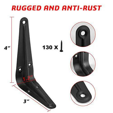 Beefed Up Heavy Duty Black Metal Floating Shelf Brackets Set 4x3 Inch L Brackets with screws, close-up rugged and anti-rust