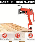 Red 7 Inch Manual Bead Roller Rotary Machine for sheet metal with six die sets on a wooden table, ideal for DIY metalwork.