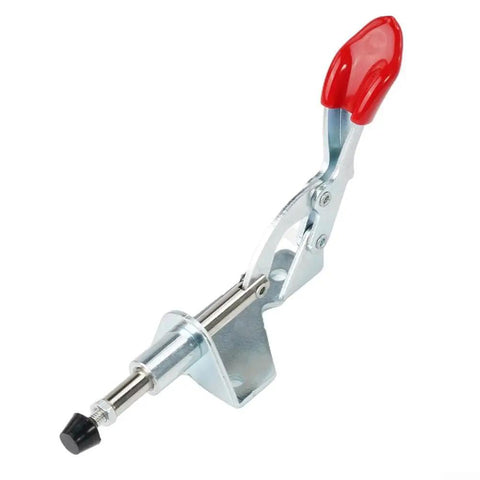 Heavy Duty Vertical Toggle Clamp With Rock Solid 90 Kg Holding Power And Ergonomic Anti Slip Grip For Welding Jigs Metal Fabrication And Quick Release Shop Rig side view with red handle