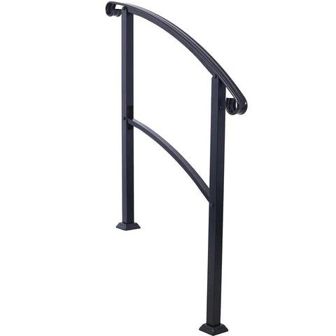 Rock Solid Wrought Iron Handrail For Outdoor Steps, Black Metal Stair Railing with curved non slip grip for easy installation.