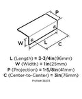 Diagram of Oil Rubbed Bronze Edge Pull Cabinet Handle with dimensions: 3 in center-to-center, 3-3/4 in length, 1 in width, 1 pack.