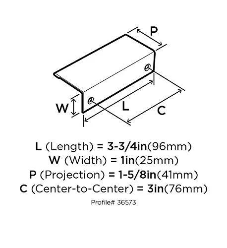Diagram of Oil Rubbed Bronze Edge Pull Cabinet Handle with dimensions: 3 in center-to-center, 3-3/4 in length, 1 in width, 1 pack.
