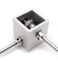 Front view of iDili 90 degree right-angle gearbox with 6mm shafts, aluminum housing and visible worm gear.