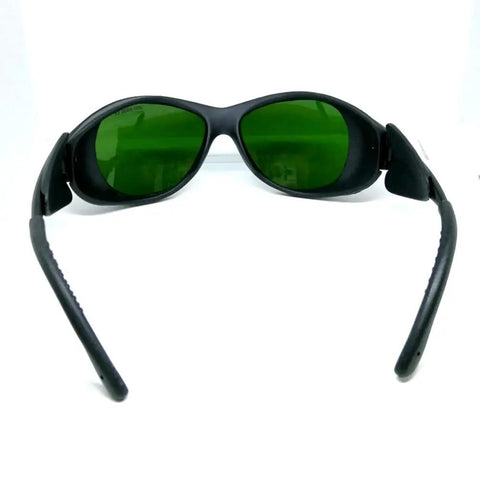 Pro Grade IPL Laser Safety Eyewear For Aesthetic Techs And Spa Pros OD Five Wide Specter Guard, green lens view, durable frames.