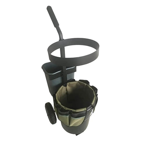 Rolling Garden Cart For Yard And Lawn Work Heavy Duty Mobile Tool Cart with Oxford Bag and 5 Gallon Bucket, black and olive green.
