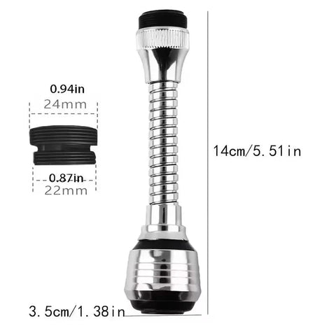 No Sweat Three Sixty Degree Swivel Kitchen Faucet Aerators with Flexible Hose, 14cm tall chrome spray nozzle, for easy rinsing.