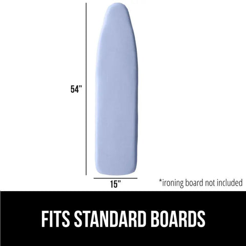 Heavy Duty Ironing Board Cover With Extra Thick Padding Silicone Reflective Surface Heat And Scorch Resistant Up To 400 Degrees Fahrenheit Water And Stain Resistant Hook And Loop Fastener Straps Fits Standard 15x54 Boards Blue displayed against a white background with size dimensions.