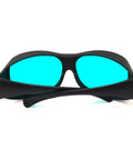 Top Shelf Red Laser Safety Glasses Delivering Straight Up Heavy Duty OD4 Plus Eye Shield Spannin 620 To 700 Nm While Keepin Ya Secure From 635 650 And 694 Nm Beams In Any Setup, black frame with teal lenses.