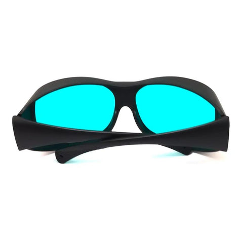 Top Shelf Red Laser Safety Glasses Delivering Straight Up Heavy Duty OD4 Plus Eye Shield Spannin 620 To 700 Nm While Keepin Ya Secure From 635 650 And 694 Nm Beams In Any Setup, black frame with teal lenses.