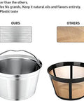 Reusable Stainless Steel Coffee Filter Basket For 8 To 12 Cup Brewers Permanent Replacement Filter That Keeps Natural Oils For Richer Flavor Smoother Coffee Budget Friendly And Cash Saving Fits Bunn Coffee Brewer shown next to comparison filter.