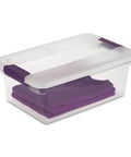 Heavy Duty Clear Plastic Storage Totes With Secure Latching Lids Hella Sturdy Bulk Bin Bundle For Home And Office Clutter Busting Tight Seal Stops Dust And Bugs Top Shelf Organization Solution with purple cloth inside.