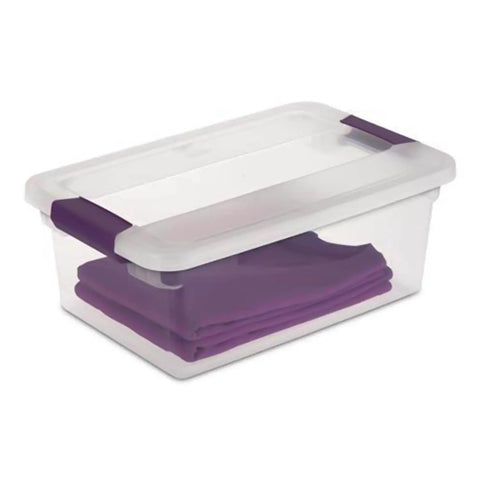 Heavy Duty Clear Plastic Storage Totes With Secure Latching Lids Hella Sturdy Bulk Bin Bundle For Home And Office Clutter Busting Tight Seal Stops Dust And Bugs Top Shelf Organization Solution with purple cloth inside.