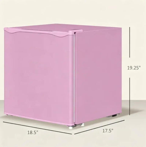 Pink Countertop Mini Freezer 1.1 Cubic Feet Compact Upright showing dimensions 18.5" x 17.5" x 19.25" for dorms and kitchens.