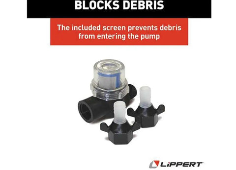 Heavy Duty Flow Max Rv Water Pump With 50 Psi Pressure And 3 Gallons Per Minute Flow, including debris-blocking filter and connectors.
