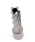 Heavy Duty High Speed Steel Annular Cutter With 3/4 Inch Weldon Shank And 5/8 Inch Cut Diameter, showing spiral flutes for cutting metal.