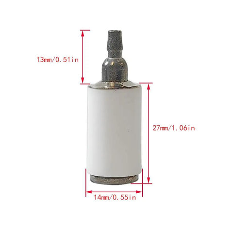 Fuel filter component from Gas Fuel Line Hose Kit For 2 Cycle Small Engines with dimensions labeled in inches and millimeters.