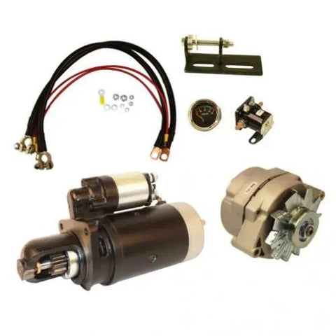 Top Shelf 12 Volt Alternator And Starter Conversion Kit For John Deere 3010 3020 4010 4020 Tractors Delco Style components with wires and mounting.