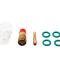 7 Piece Stubby Gas Lens TIG Welding Torch Accessory Kit With #12 Glass Cup For WP-17, WP-18, Wp-26 Air Cooled Torches components displayed.